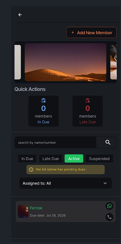 MemberFlow member list filtered by dues status with search and WhatsApp actions